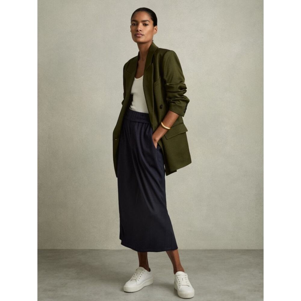 EUC Reiss Womens Navy Blue Wool-Blend Ruched Jersey Nora Midi Skirt